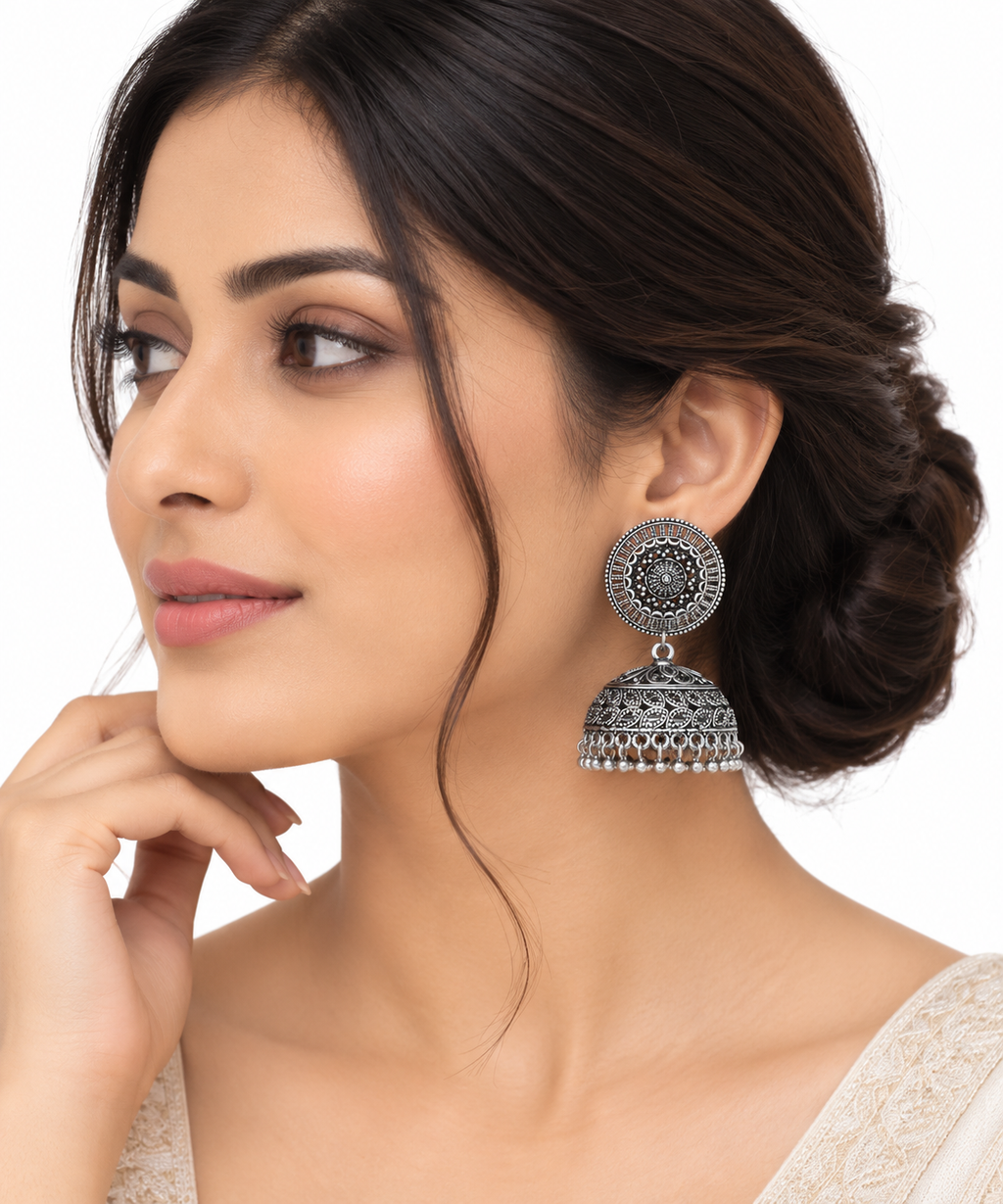 Sage Silver Oxidised Jhumka Earrings